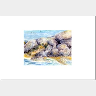 By the Boulders at High Tide Pastel Painting Posters and Art